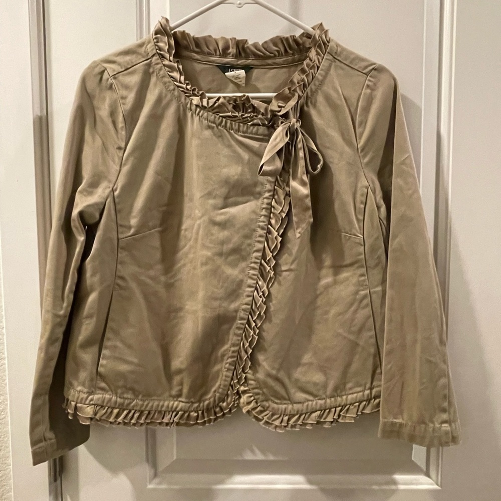 J Crew raw hem ruffled crossover tie, cotton/silk, romantic style blazer.